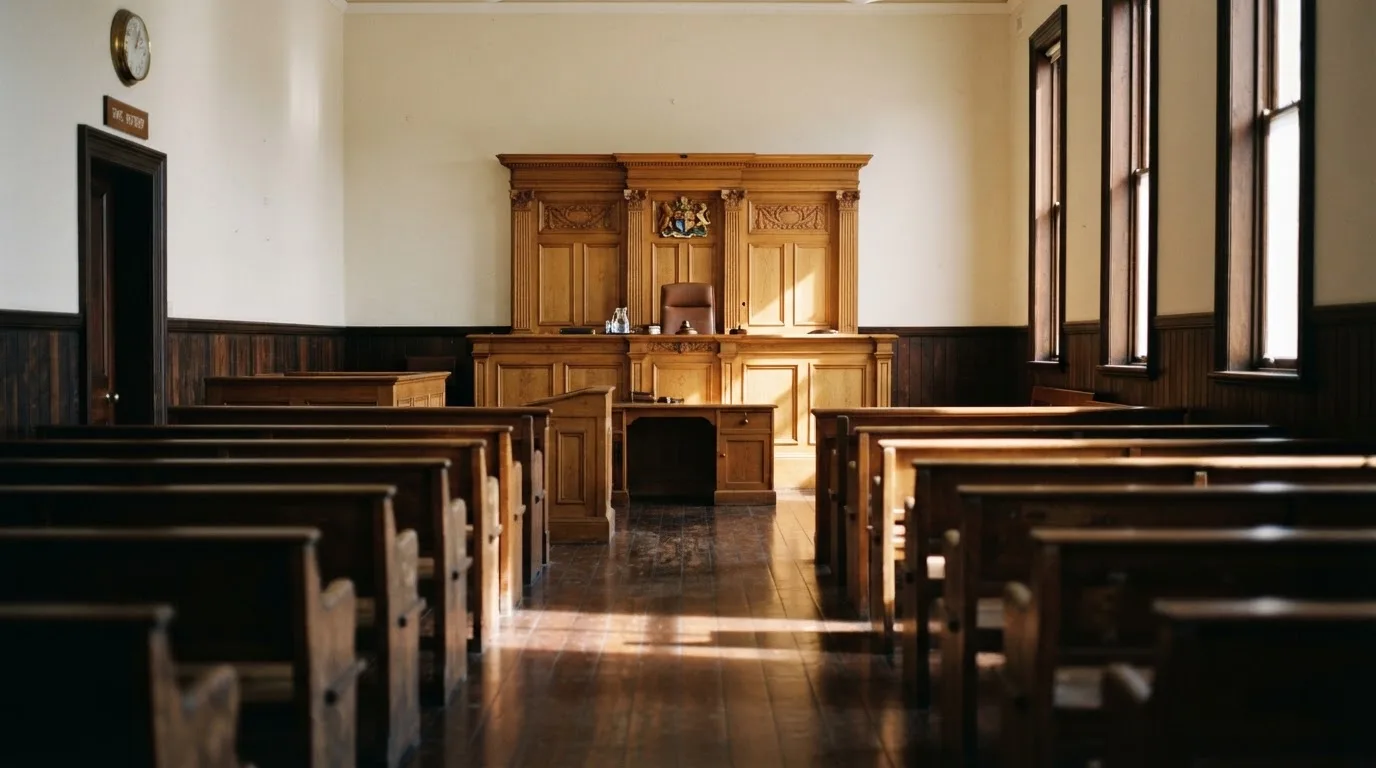 An empty courtroom with wooden benches in morning light