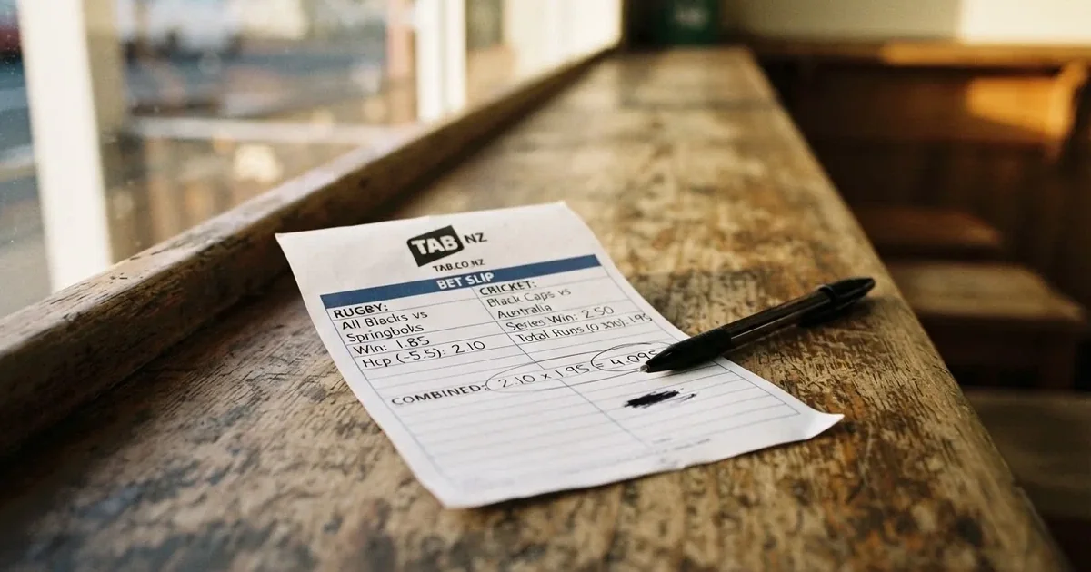 A blank paper betting slip beside a pen on a wooden counter