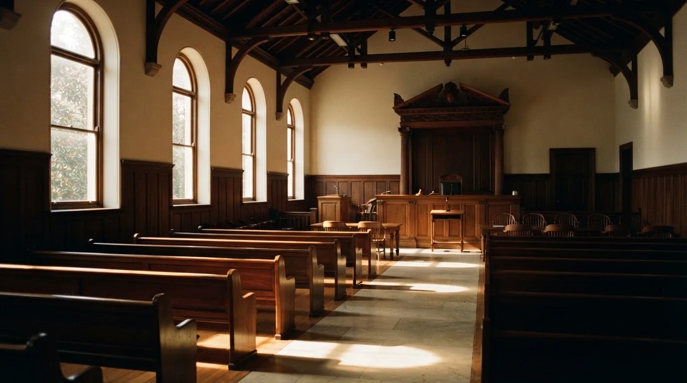 An empty courtroom with wooden benches in morning light