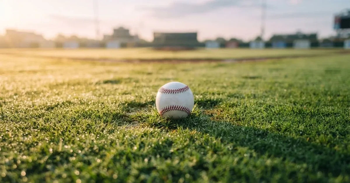 A ball on the centre spot of a grass pitch in morning light