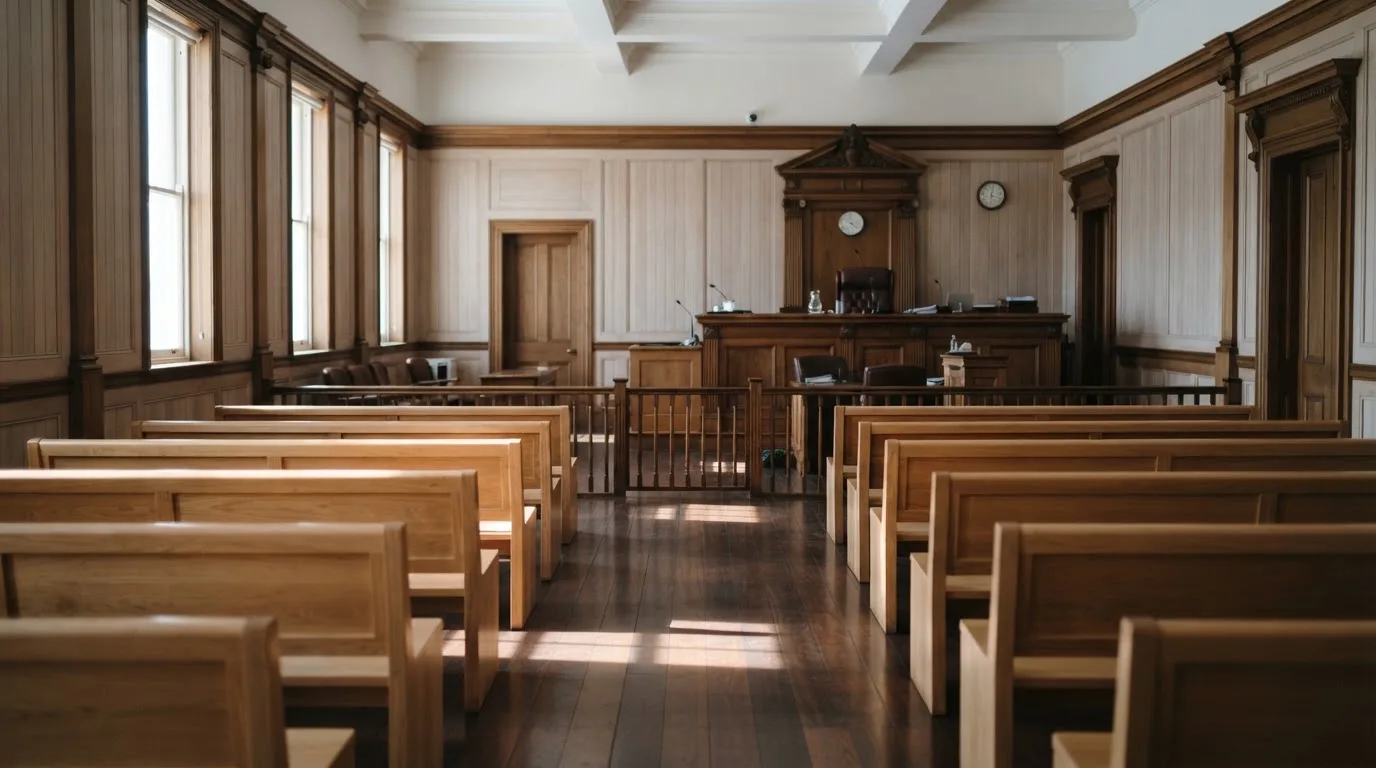 An empty courtroom with wooden benches in morning light
