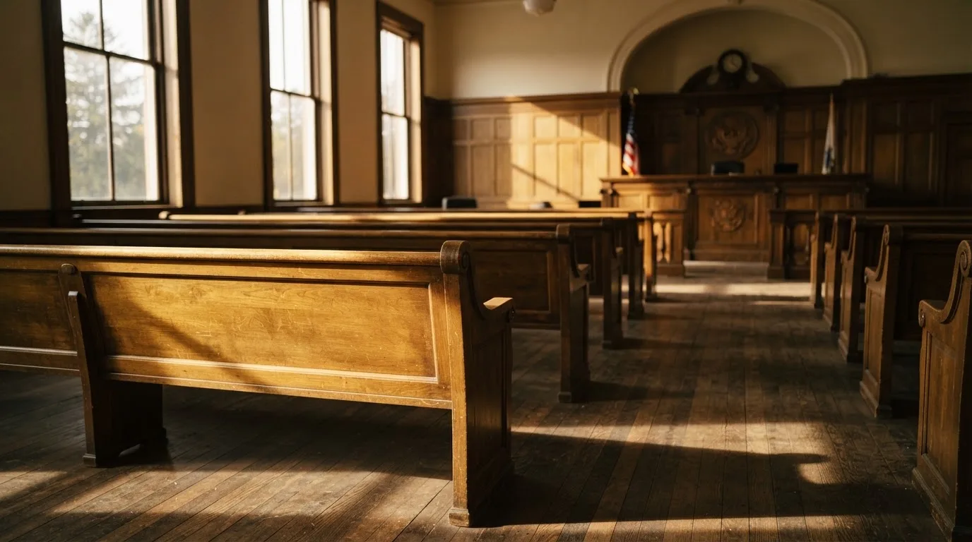 An empty courtroom with wooden benches in morning light