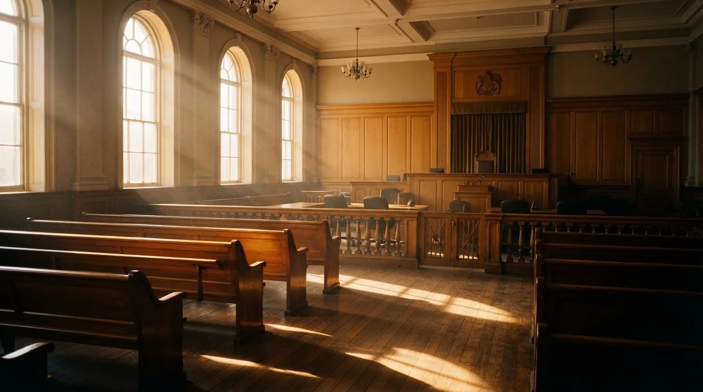 An empty courtroom with wooden benches in morning light