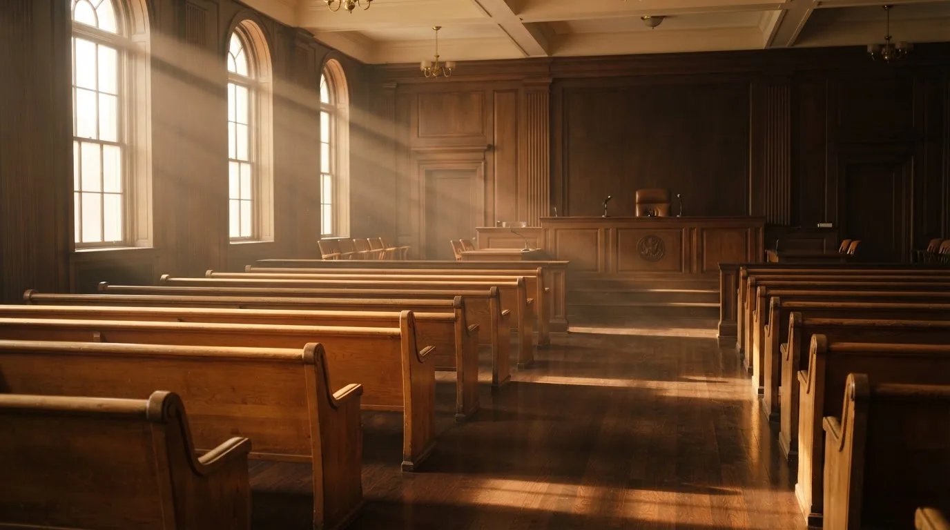 An empty courtroom with wooden benches in morning light