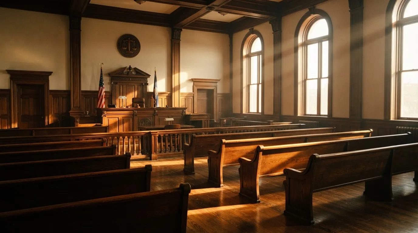An empty courtroom with wooden benches in morning light