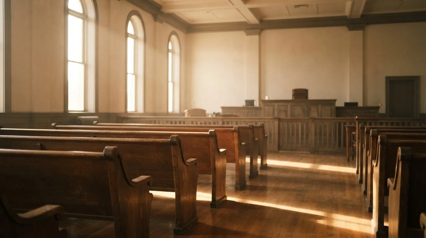An empty courtroom with wooden benches in morning light