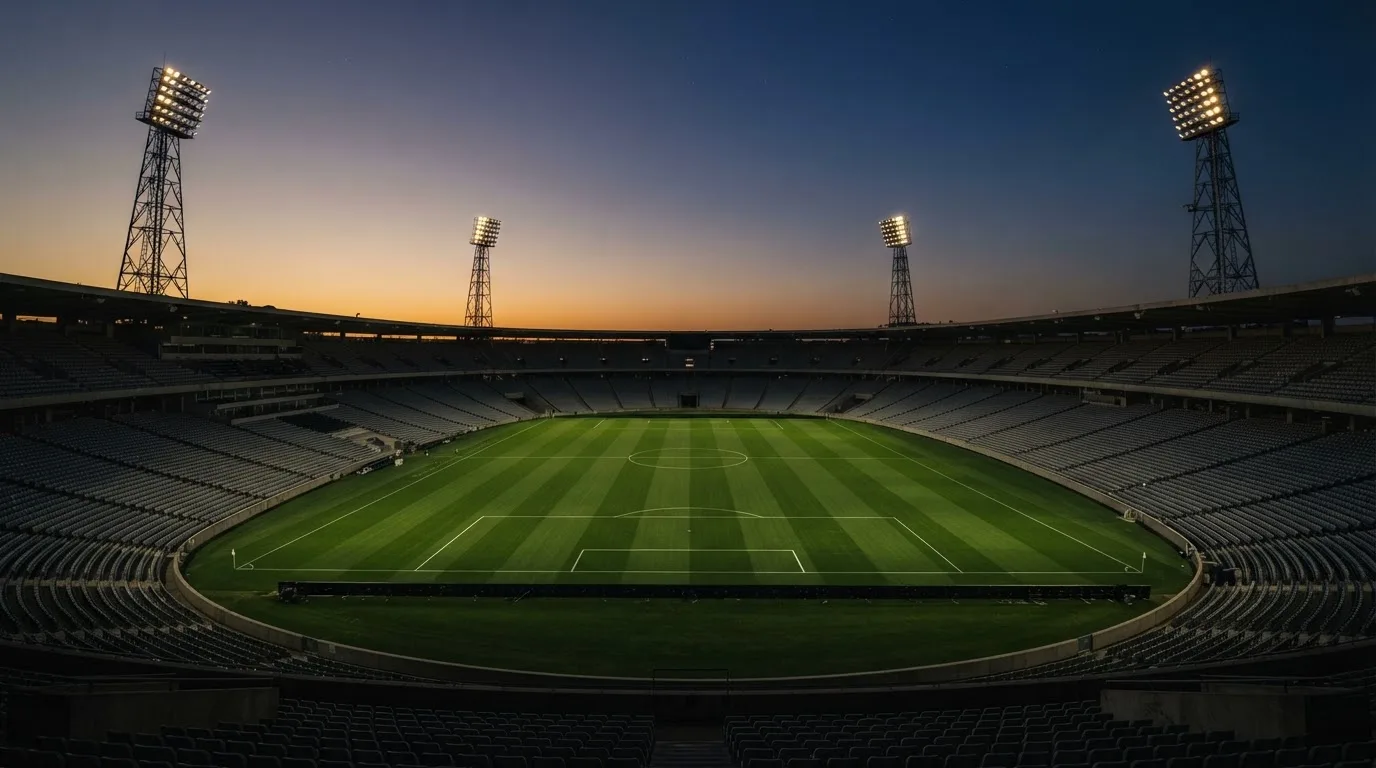 An empty football stadium with floodlight masts at dusk