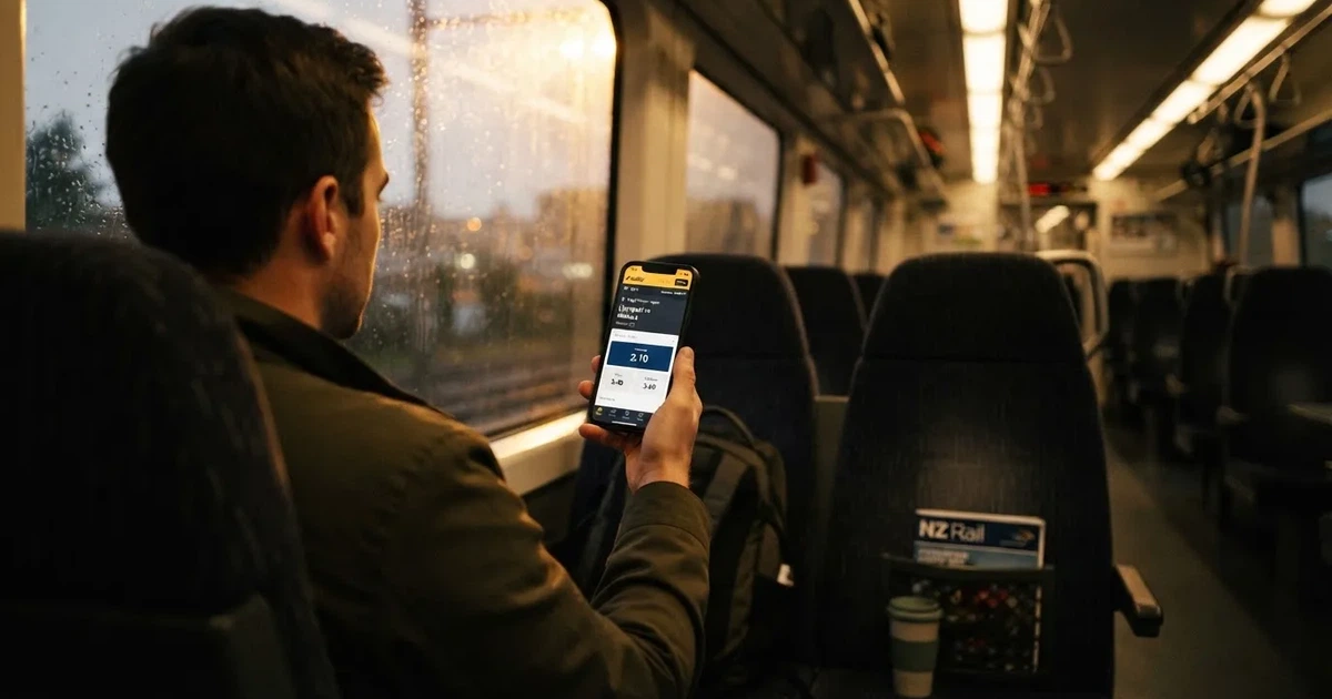 A hand holding a smartphone on a train in the evening, screen turned away