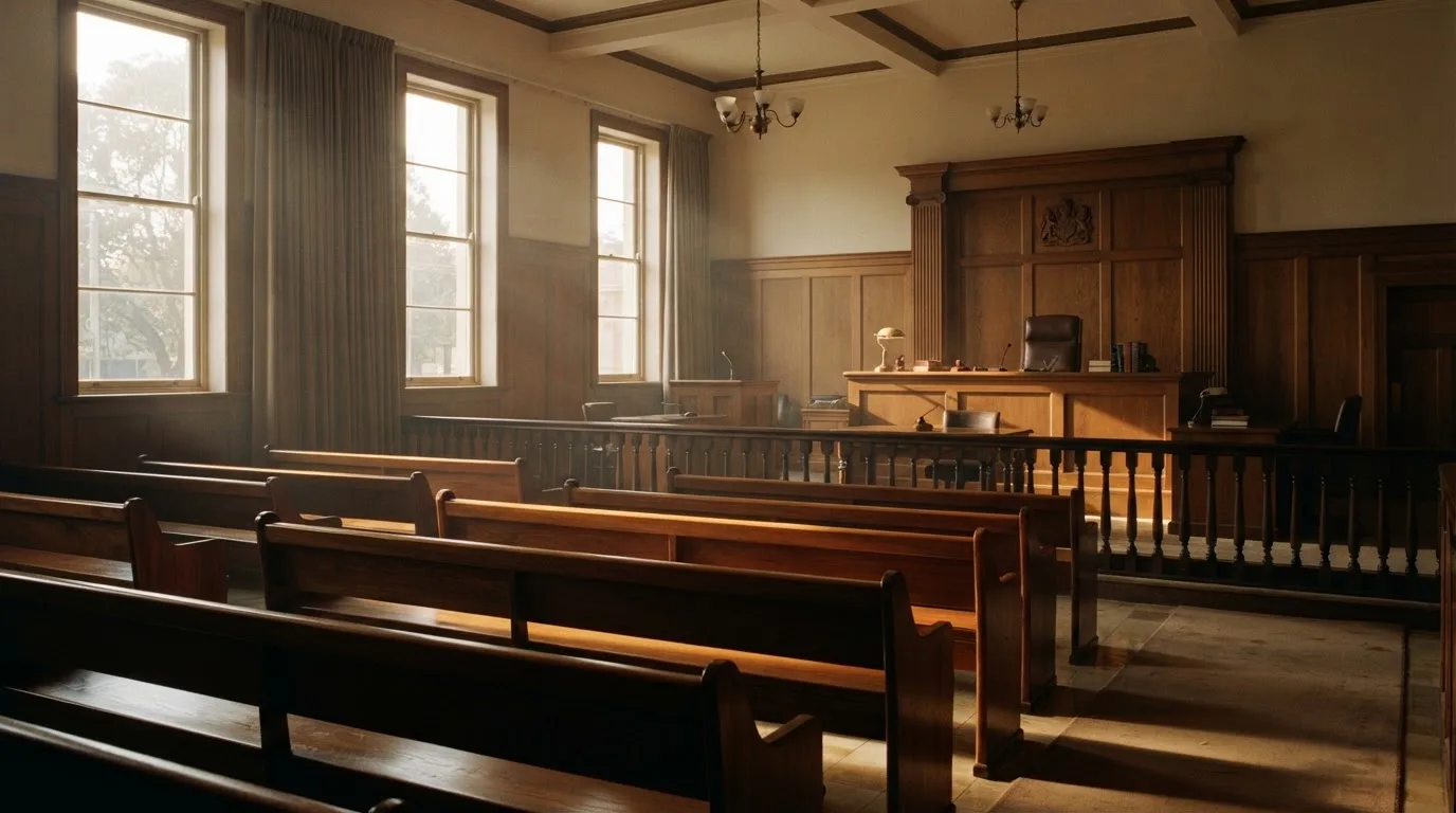 An empty courtroom with wooden benches in morning light