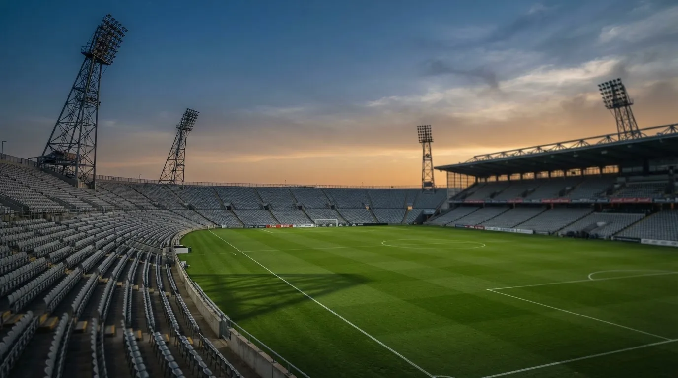 An empty football stadium with floodlight masts at dusk