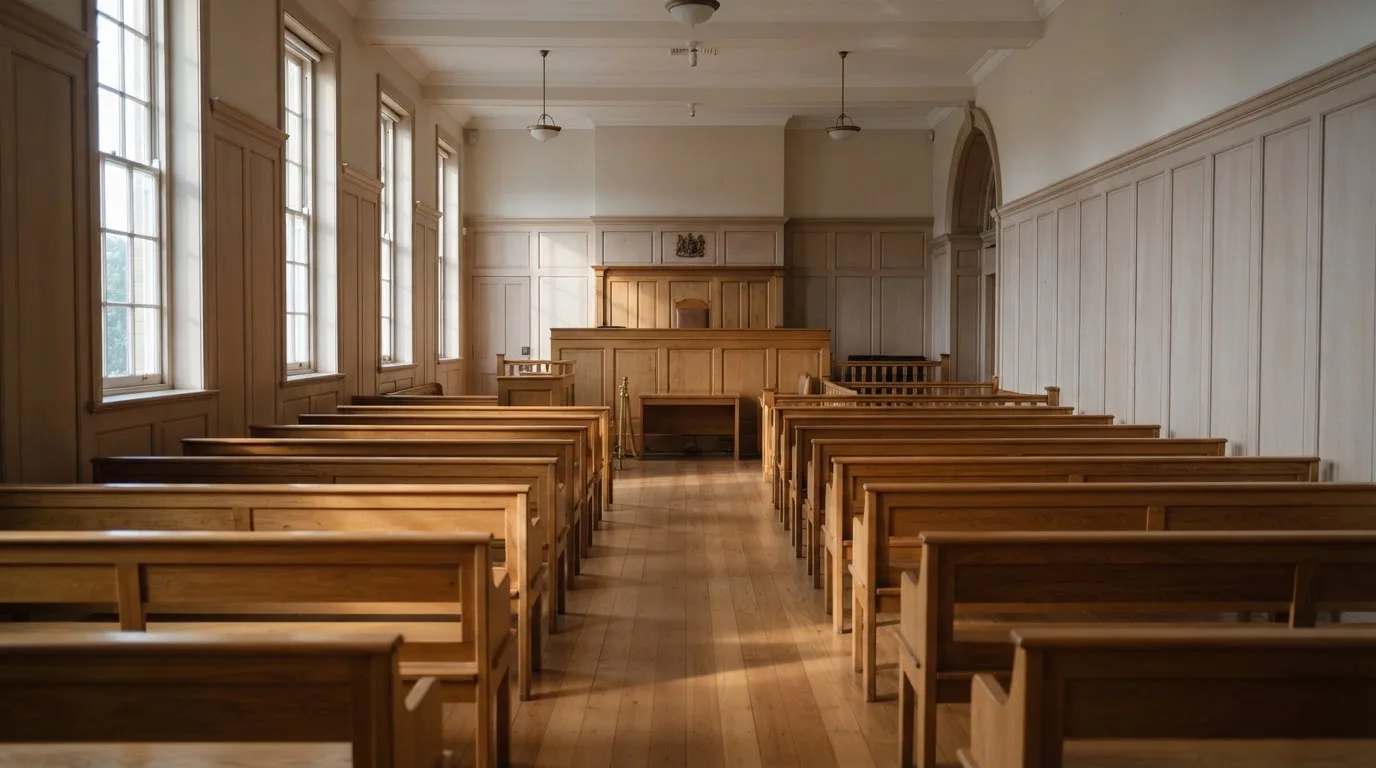 An empty courtroom with wooden benches in morning light
