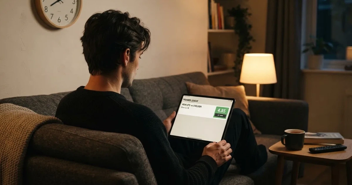 A person on a sofa looking thoughtfully at a tablet, a wall clock in the background