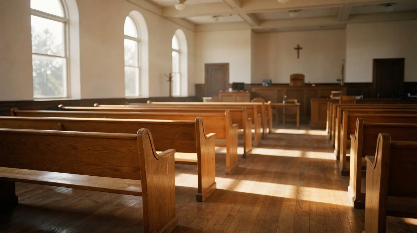 An empty courtroom with wooden benches in morning light