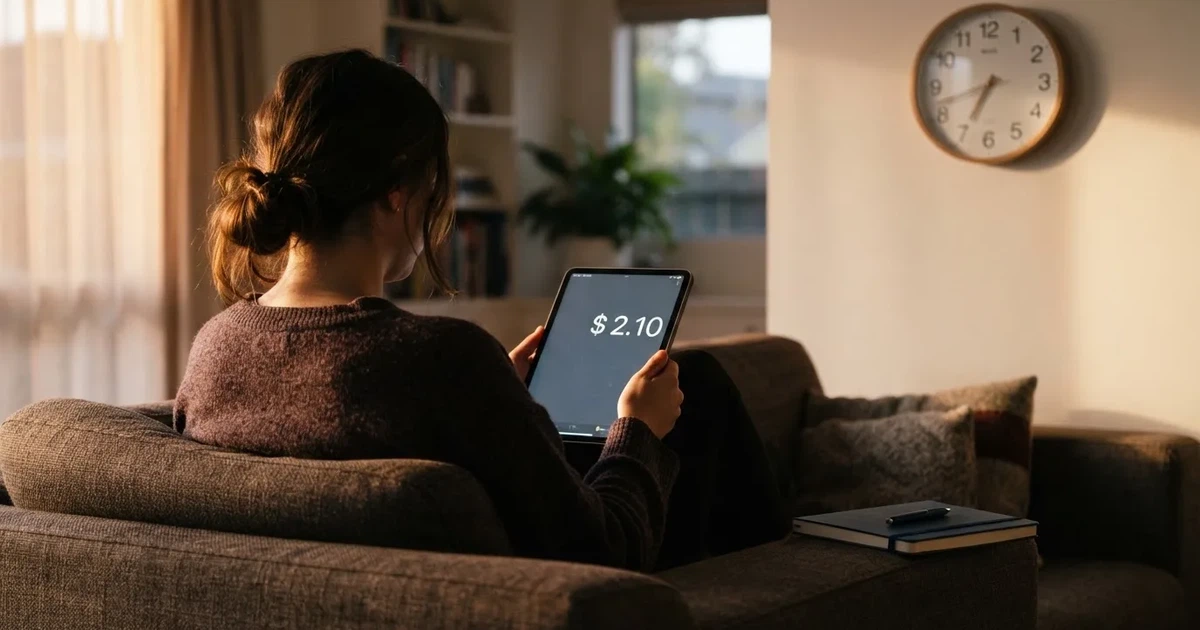 A person on a sofa looking thoughtfully at a tablet, a wall clock in the background