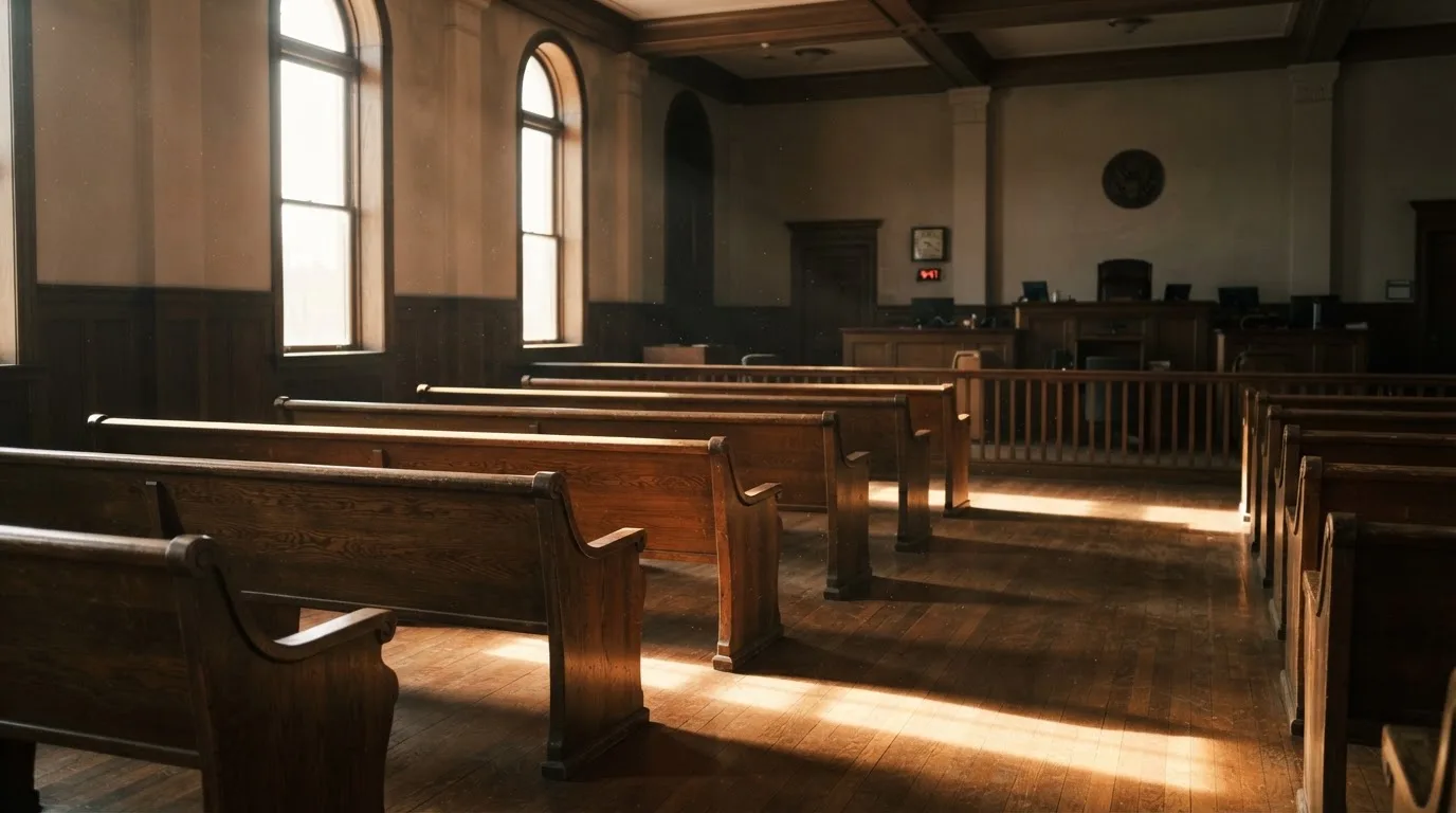 An empty courtroom with wooden benches in morning light
