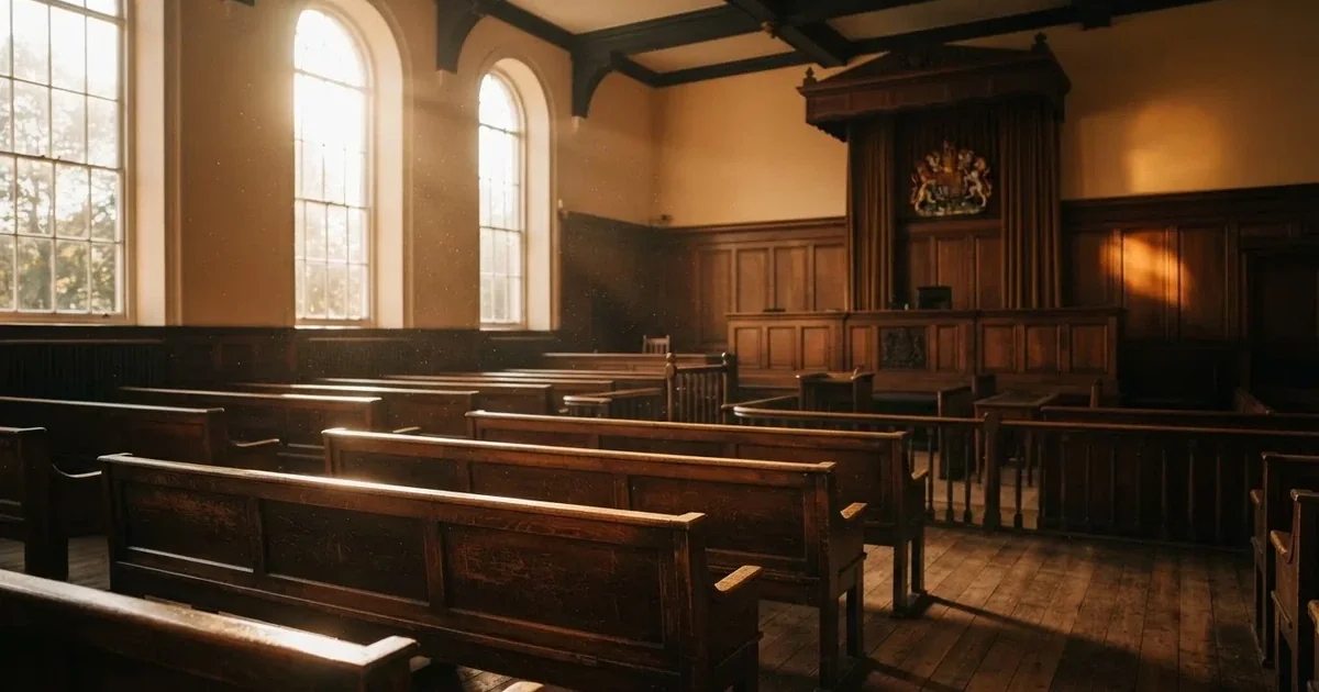 An empty courtroom with wooden benches in morning light