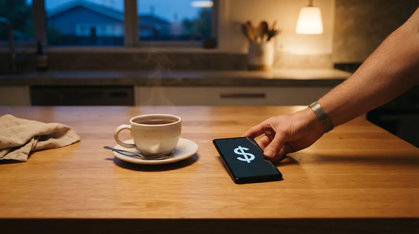 A hand setting a smartphone down beside a cup of tea on a kitchen table on a quiet evening