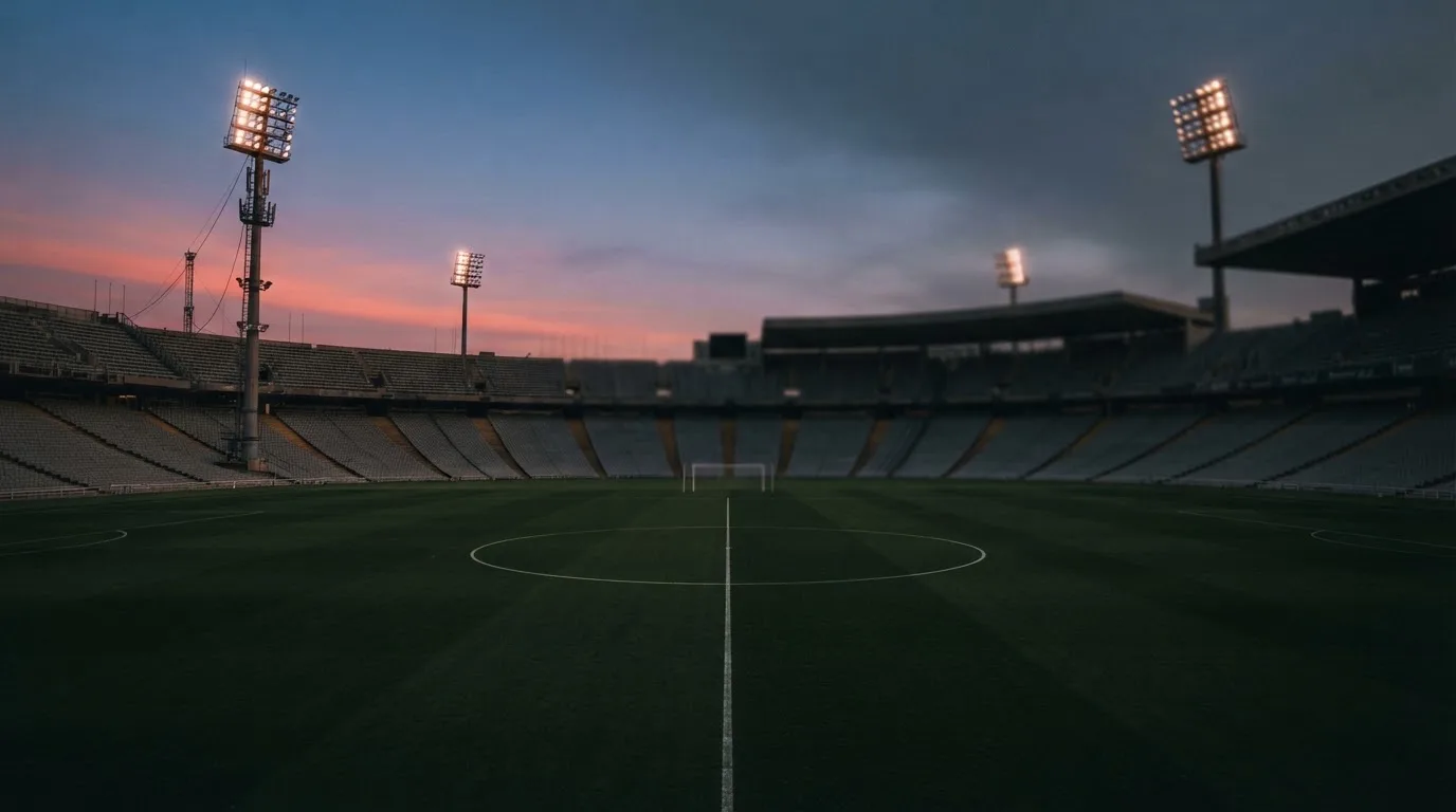 An empty football stadium with floodlight masts at dusk