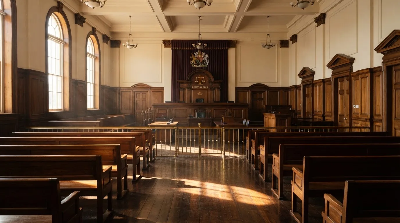 An empty courtroom with wooden benches in morning light