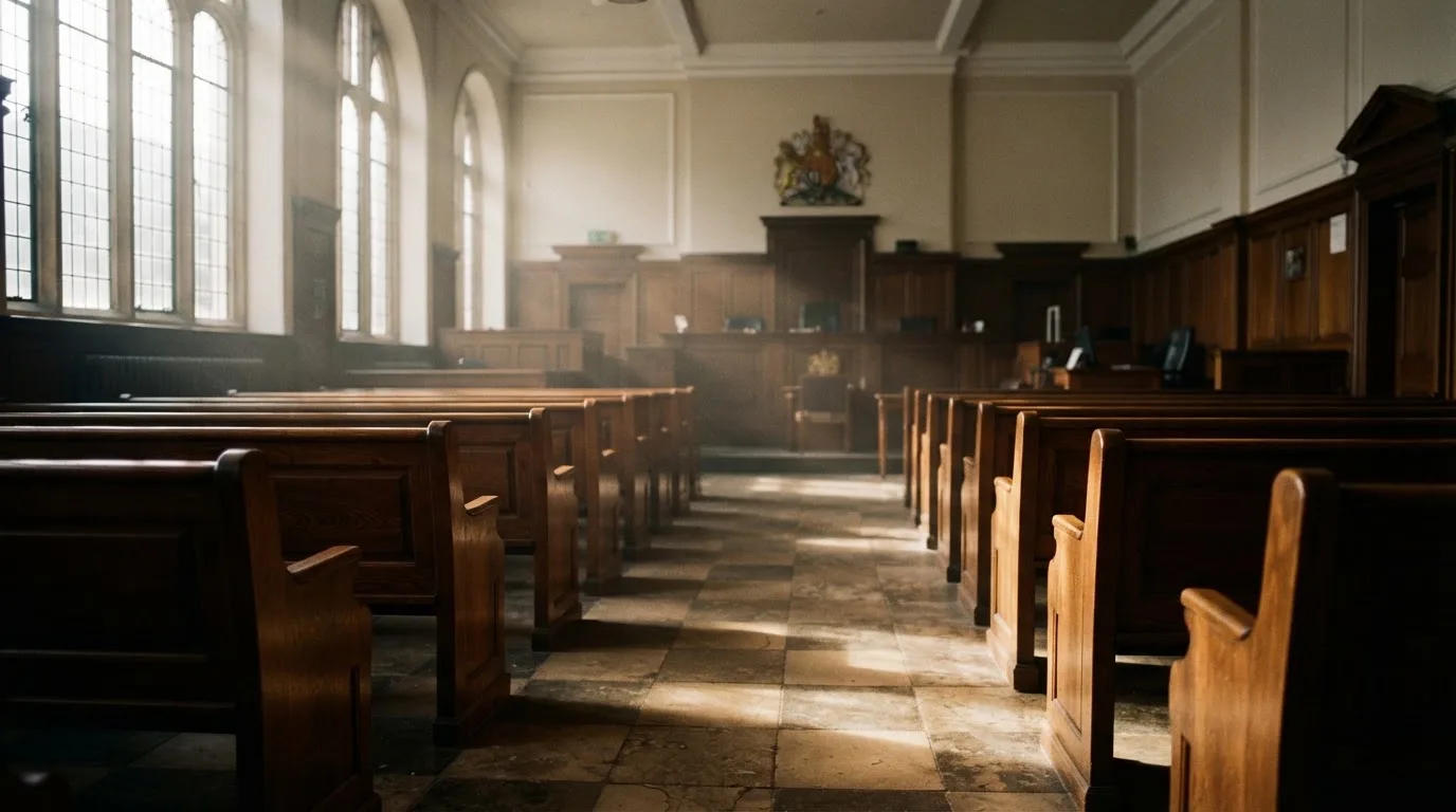 An empty courtroom with wooden benches in morning light