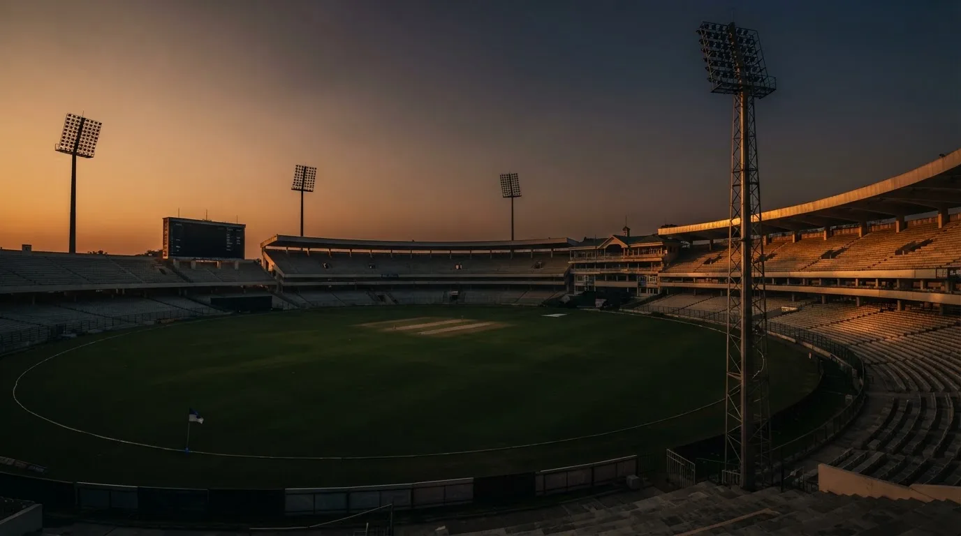An empty football stadium with floodlight masts at dusk
