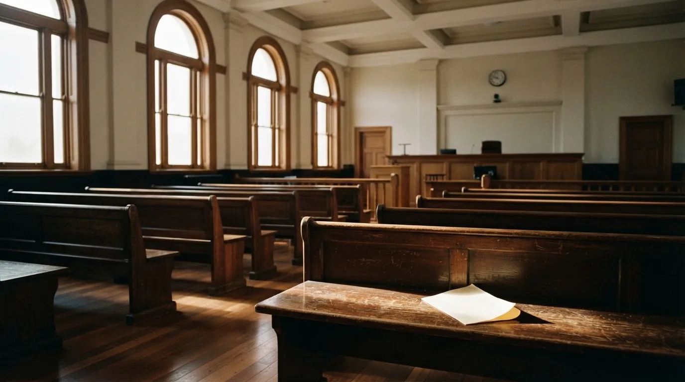 An empty courtroom with wooden benches in morning light