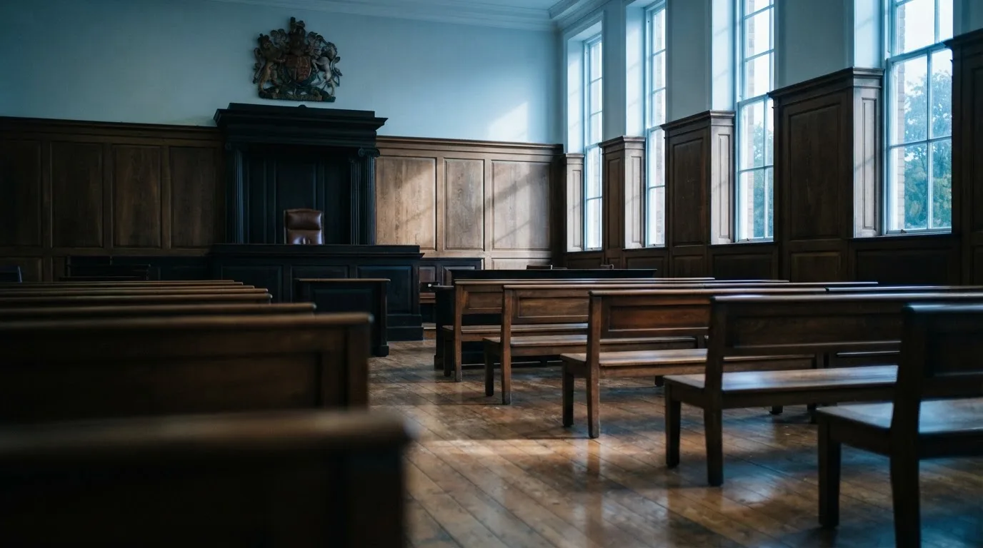 An empty courtroom with wooden benches in morning light