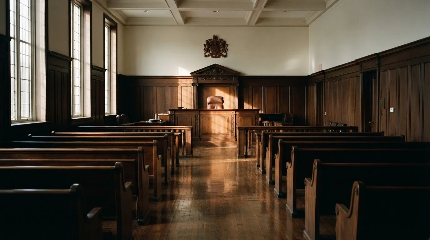 An empty courtroom with wooden benches in morning light