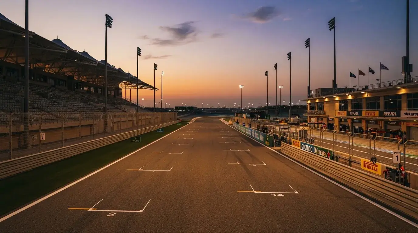 An empty football stadium with floodlight masts at dusk