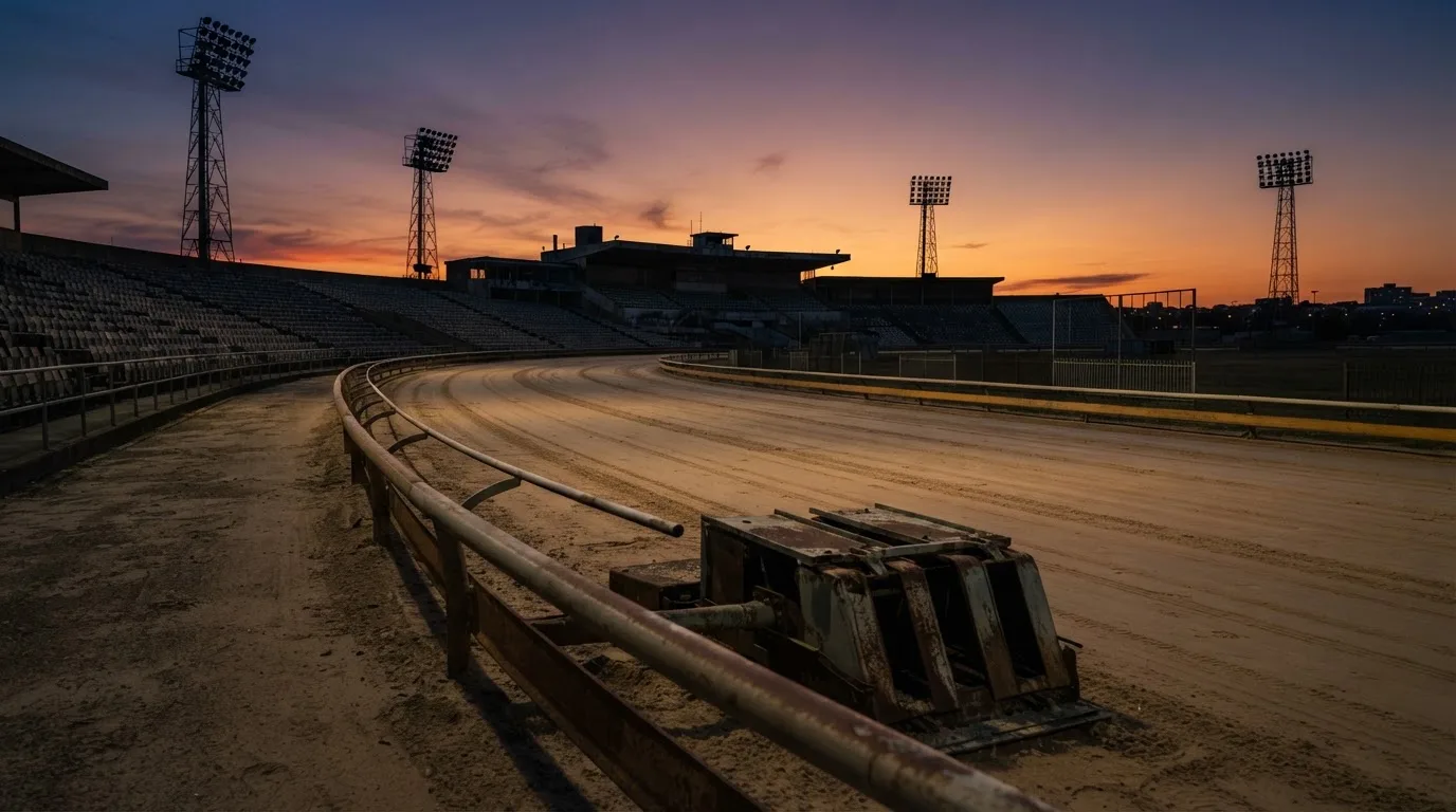 An empty football stadium with floodlight masts at dusk