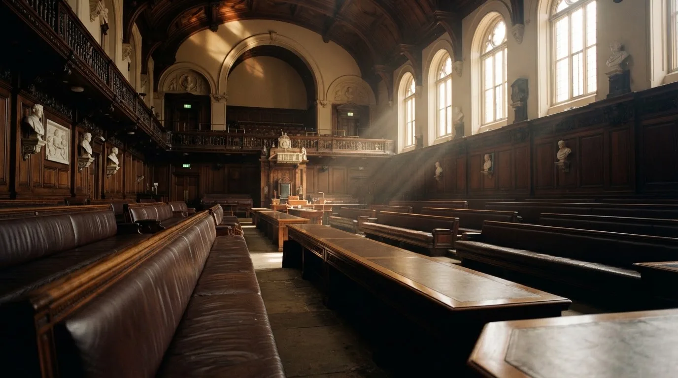 An empty courtroom with wooden benches in morning light