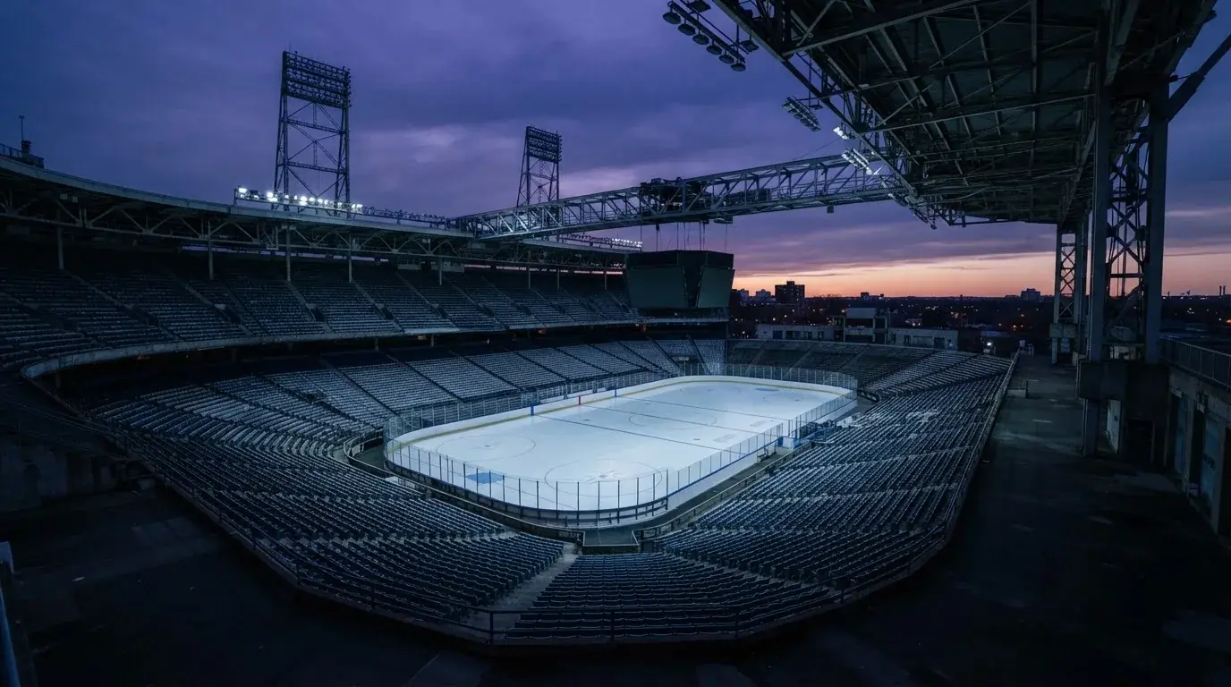 An empty football stadium with floodlight masts at dusk