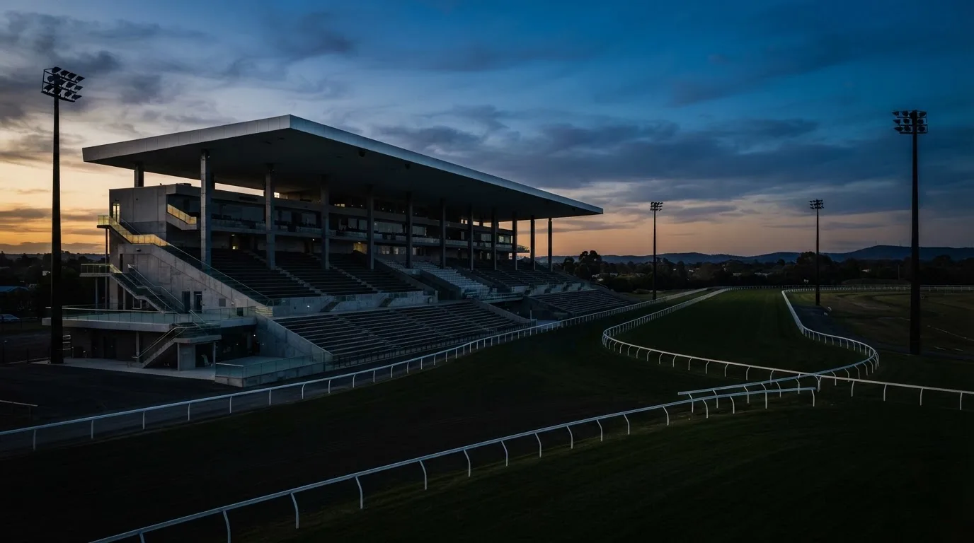 An empty football stadium with floodlight masts at dusk