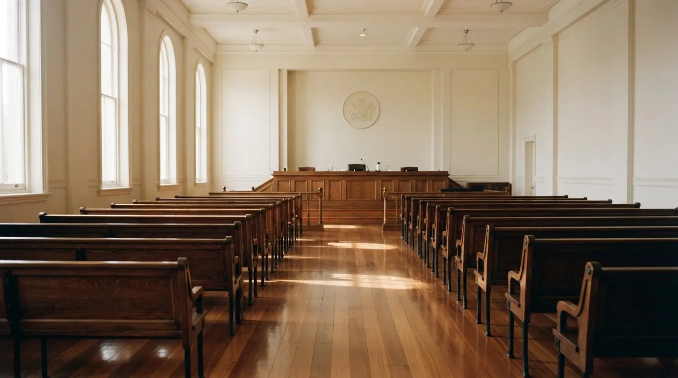 An empty courtroom with wooden benches in morning light