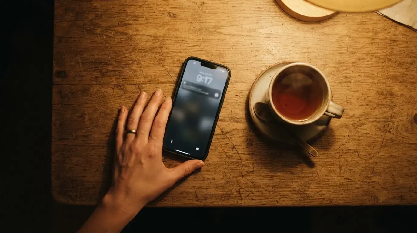 A hand setting a smartphone down beside a cup of tea on a kitchen table on a quiet evening