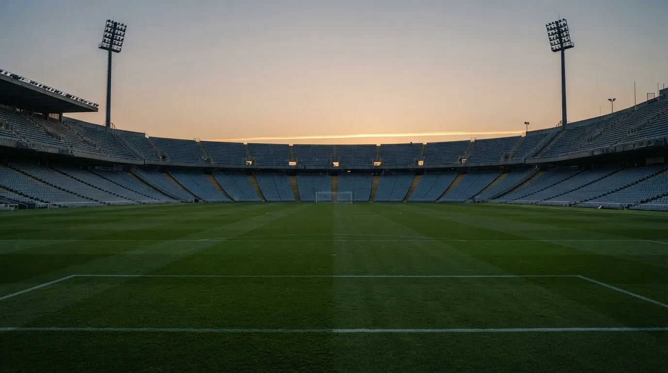 An empty football stadium with floodlight masts at dusk