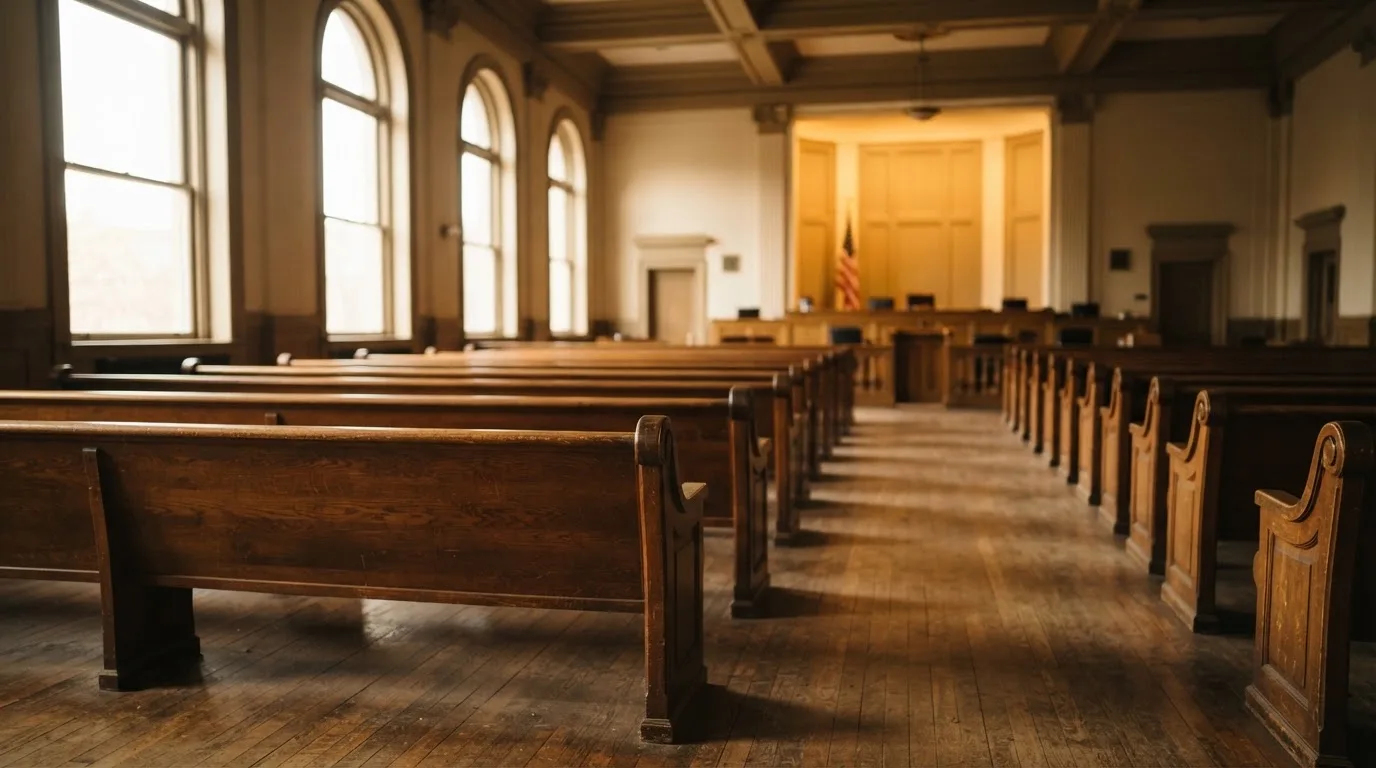 An empty courtroom with wooden benches in morning light