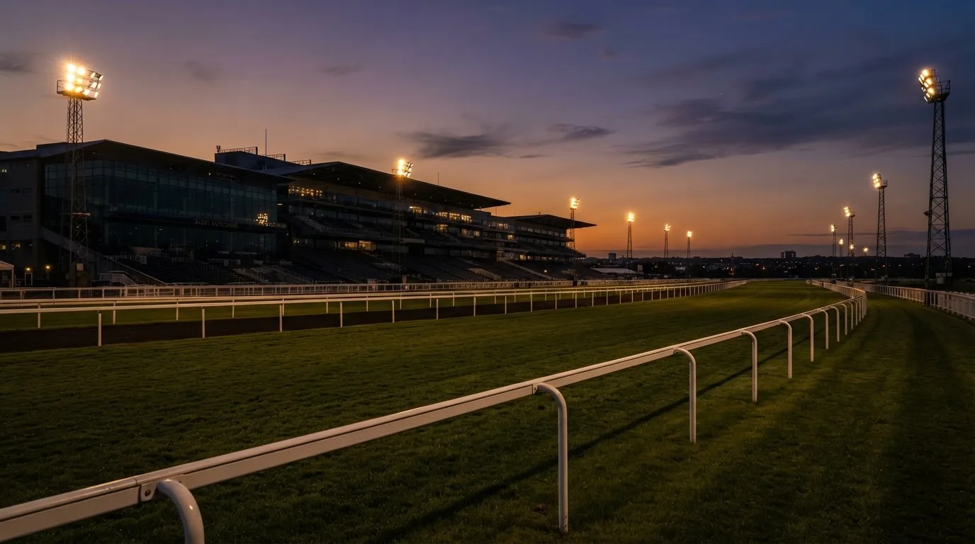 An empty football stadium with floodlight masts at dusk