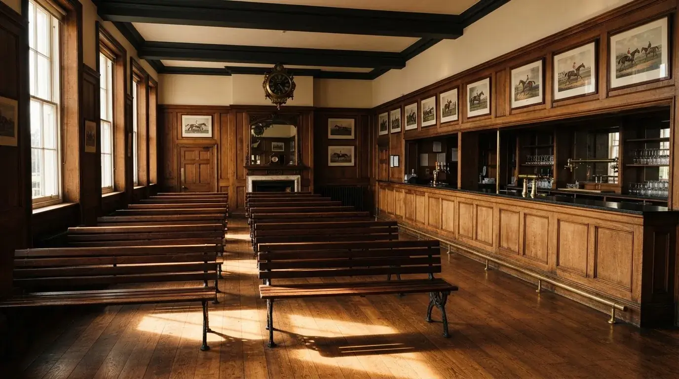 An empty courtroom with wooden benches in morning light