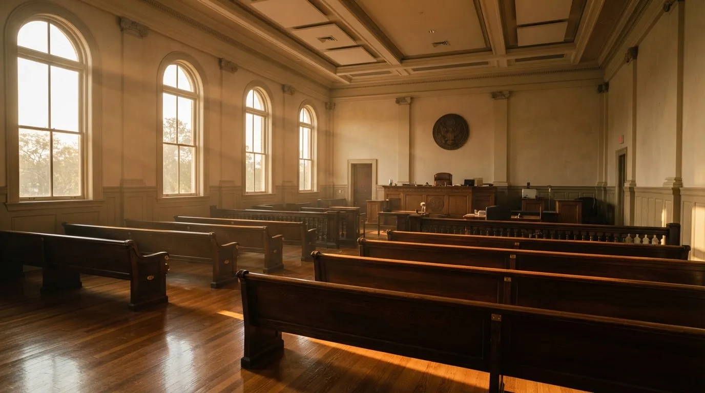 An empty courtroom with wooden benches in morning light