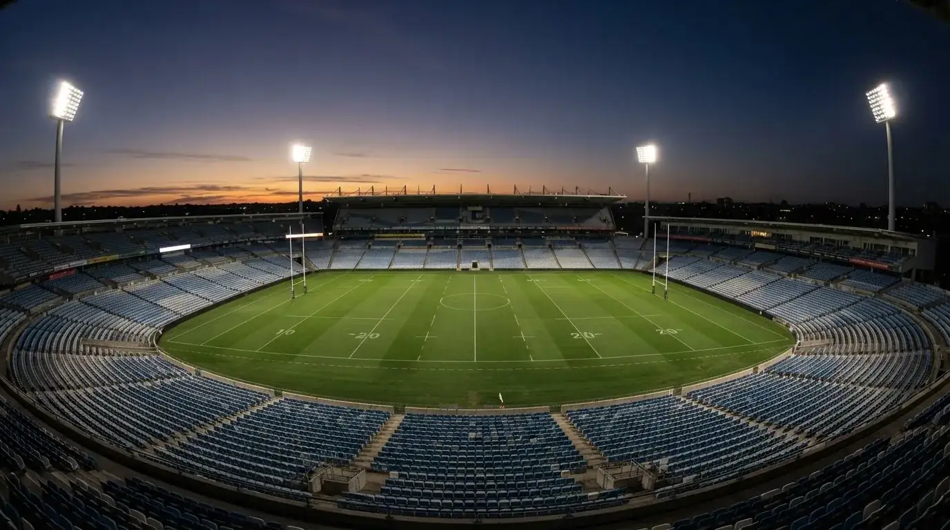 An empty football stadium with floodlight masts at dusk