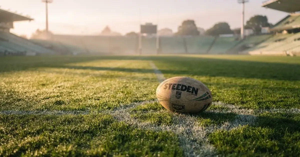 A ball on the centre spot of a grass pitch in morning light
