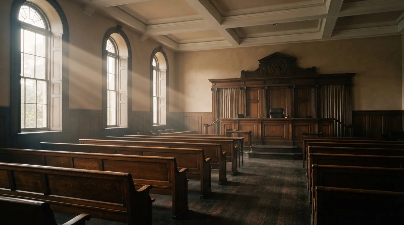 An empty courtroom with wooden benches in morning light