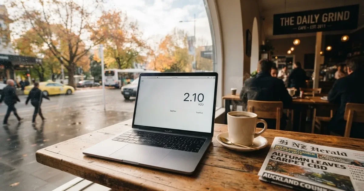 A laptop on a café table by a window onto the street