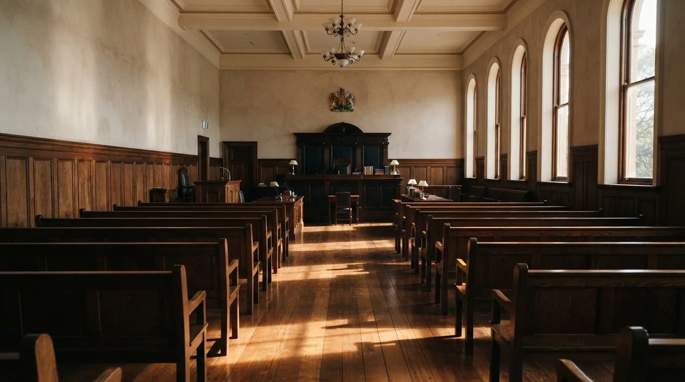An empty courtroom with wooden benches in morning light