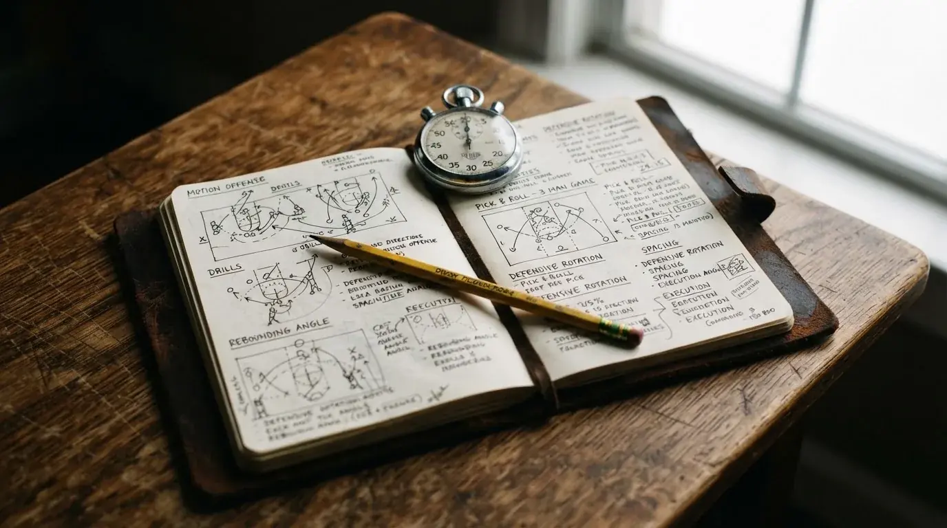 An open notebook with a pencil and a stopwatch on a wooden table