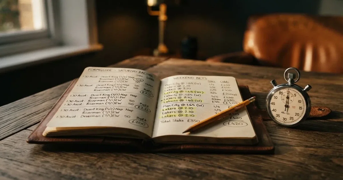 An open notebook with a pencil and a stopwatch on a wooden table
