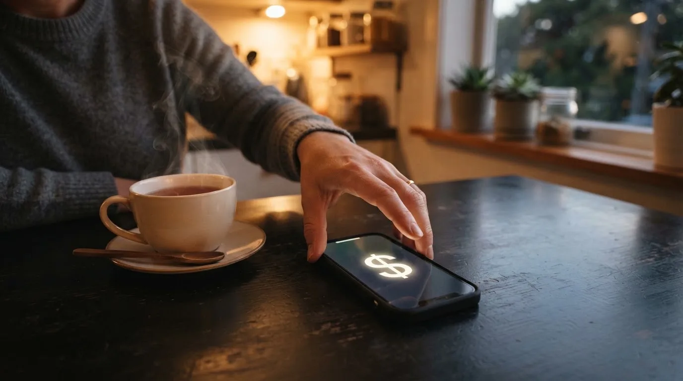 A hand setting a smartphone down beside a cup of tea on a kitchen table on a quiet evening