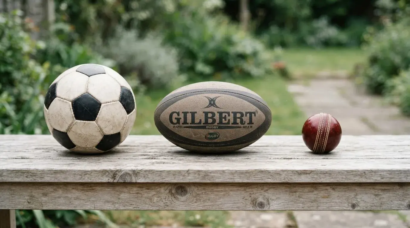 Three balls of different kinds side by side on a wooden bench