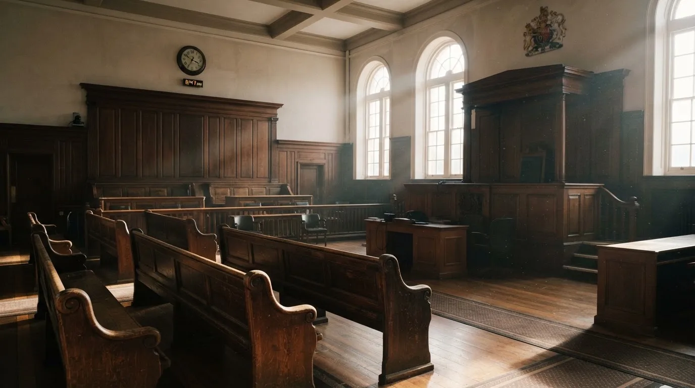 An empty courtroom with wooden benches in morning light